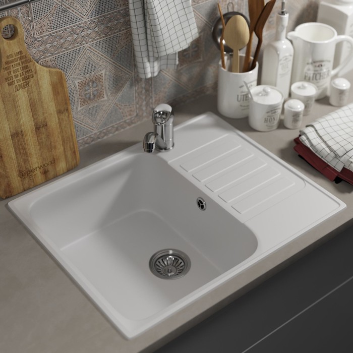 Мойка кухонная из камня Uperwood UPD-202, 600х480 мм, прямоугольная, цвет туман