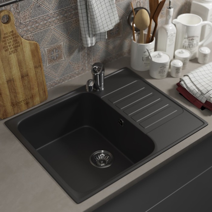 Мойка кухонная из камня Uperwood UPD-202, 600х480 мм, прямоугольная, цвет уголь
